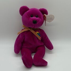 Ty Fuchsia Stuffed Bear with Gold Bow. MILENNIUM BEAR